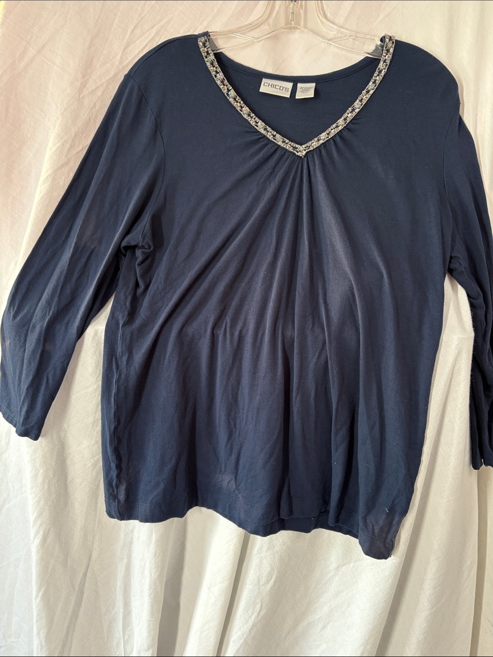 Chico's Navy Long-Sleeve V-Neck Top with Beaded Trim